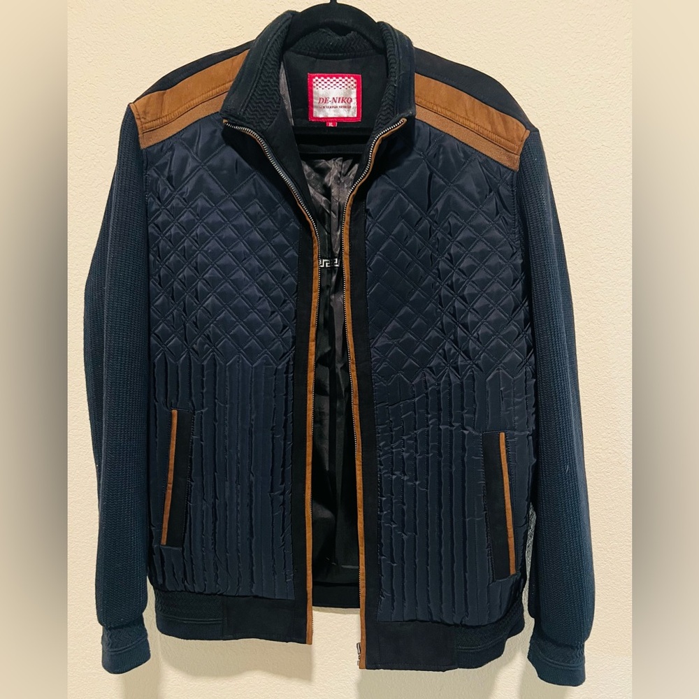 Men's Navy and Brown Quilted Jacket